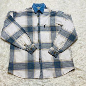 Fryday Vintage Denim Plaid Jean Collared Shirt Button Snap Mens Size Medium